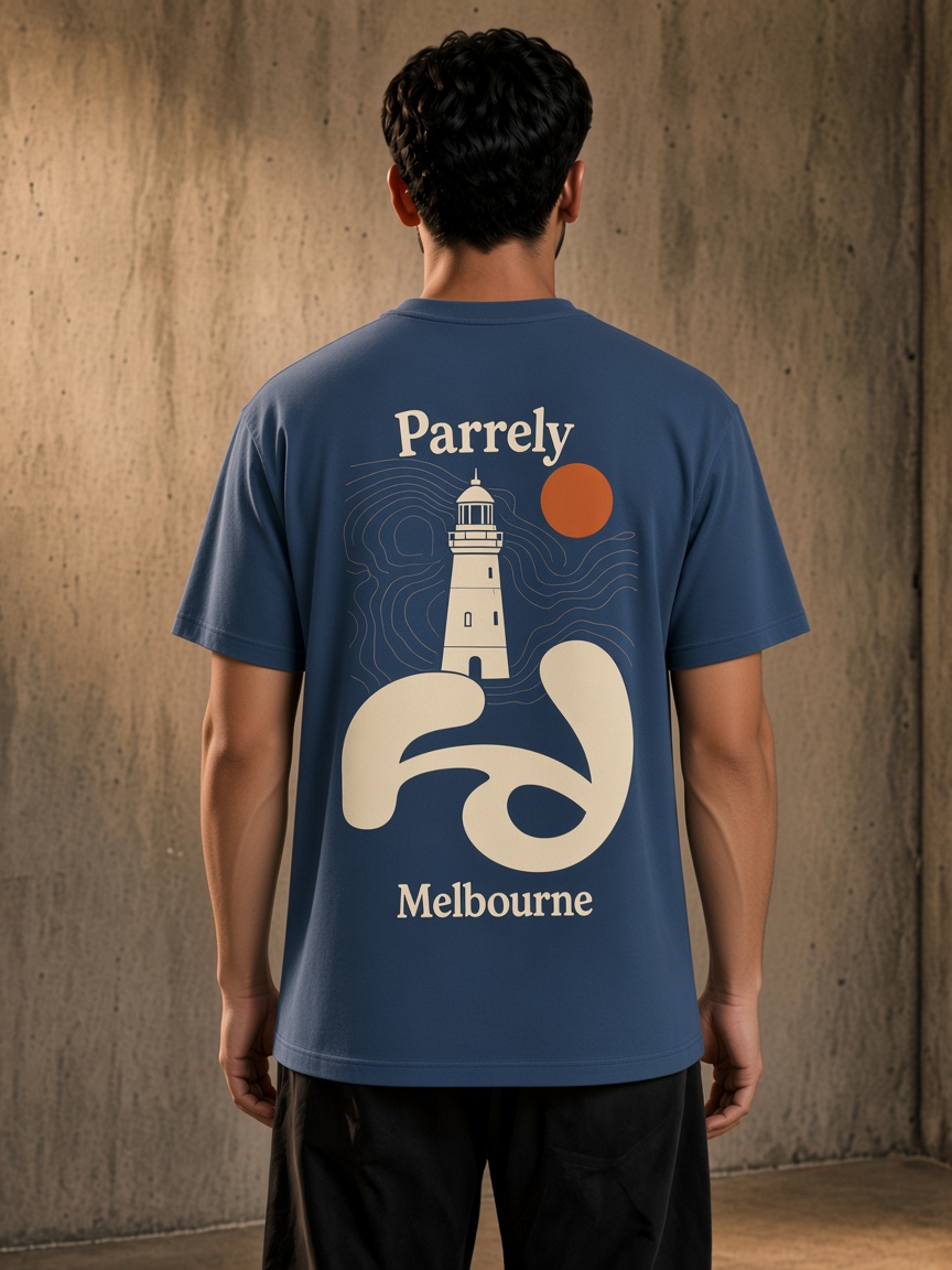 Parrely Lighthouse Tee on model in Metal Blue