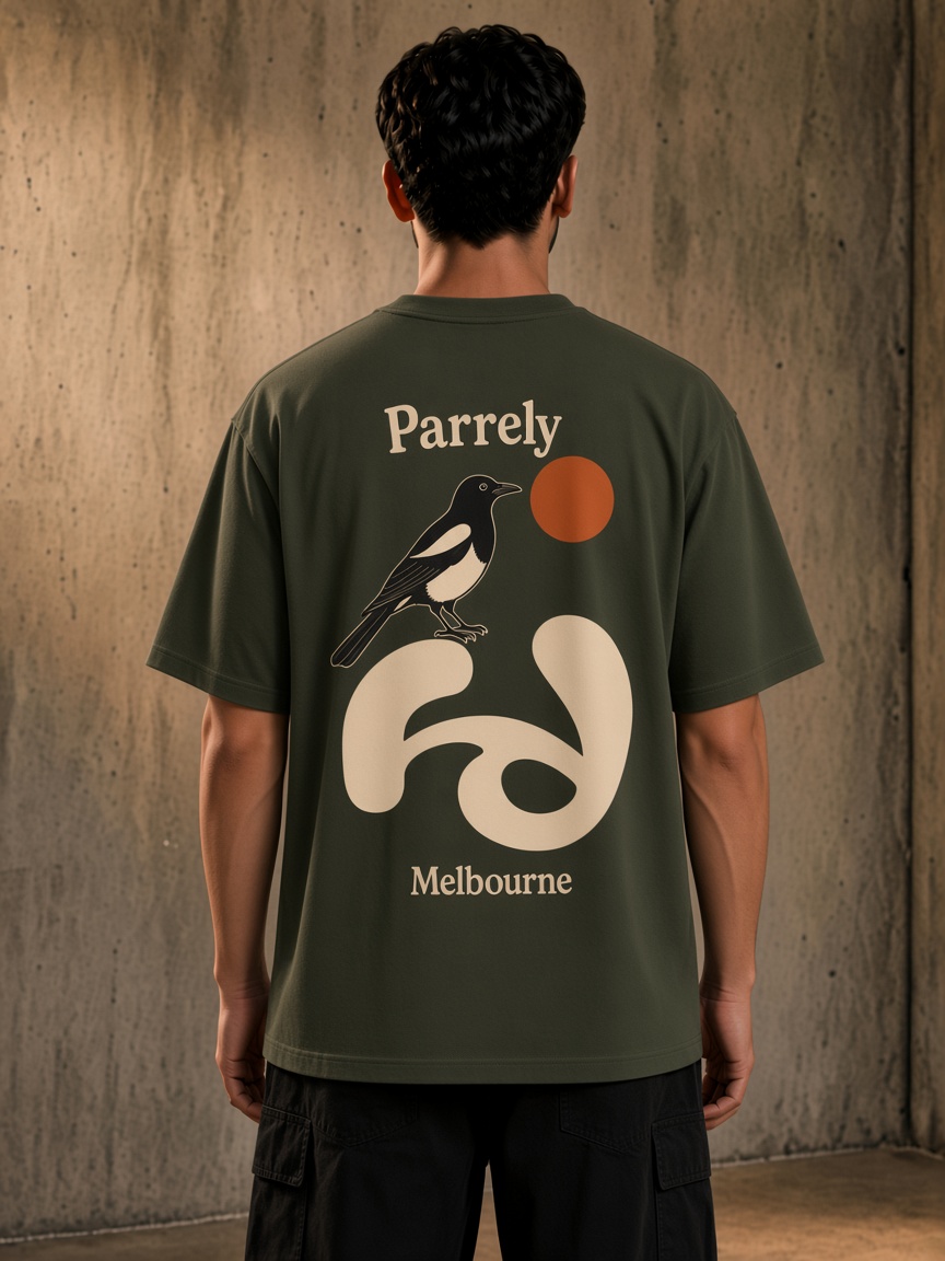 Parrely Melbourne Magpie Tee on model in Dark Olive